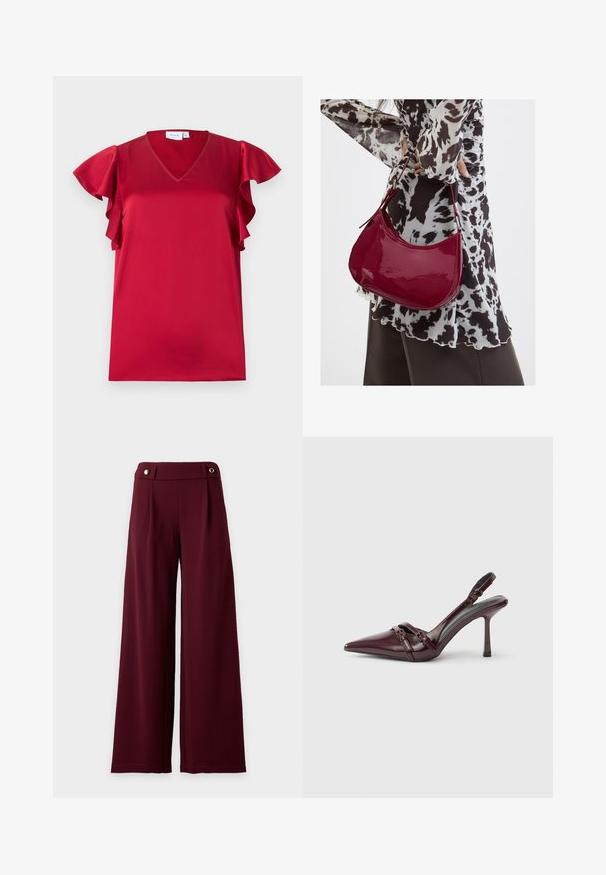 Blouse en satin rouge avec manches courtes volantées et décolleté en V, posée à plat sur un fond blanc.; Pantalon à jambes larges et taille haute en tissu bordeaux foncé avec une ceinture ajustée ornée de deux boutons dorés.; Escarpin slingback en cuir verni bordeaux avec bout pointu, fine bride à la cheville et petit détail décoratif de boucle. Texture lisse et talon haut.; Femme portant un chemisier à motif noir et blanc tenant un sac à main rouge brillant sur un fond uni.