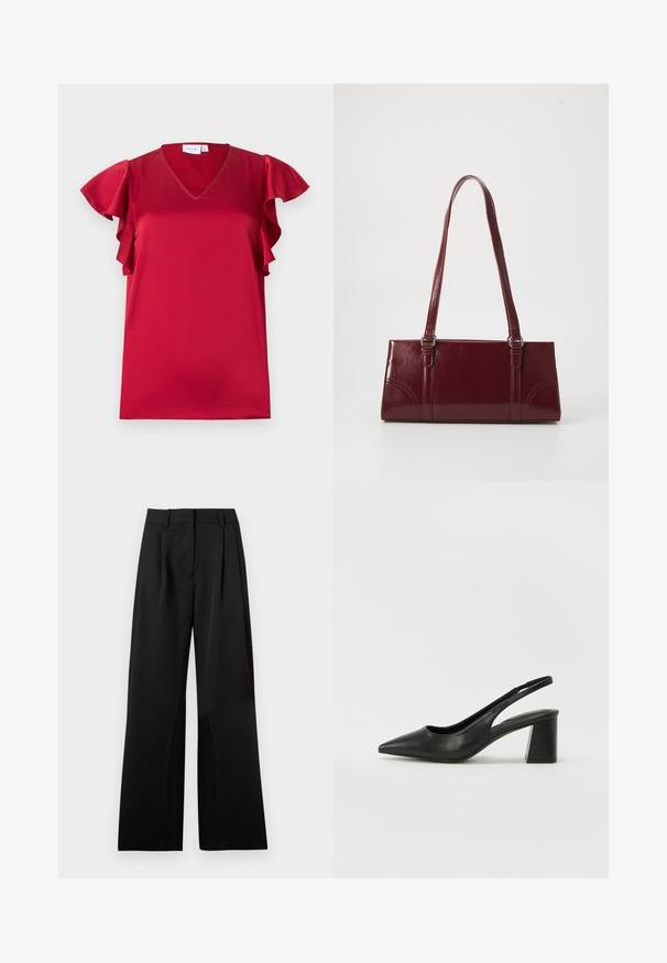 Blouse en satin rouge avec manches courtes volantées et décolleté en V, posée à plat sur un fond blanc.; Pantalon large noir avec une texture lisse, comportant des plis avant, une taille plate et des passants de ceinture. Design simple et tailleur.; Escarpins en cuir noir à talon ouvert avec un bout pointu et un talon bloc. Présente un design découpé et une texture lisse, minimaliste et moderne.; Sac à main bordeaux en matériau brillant, de forme rectangulaire, avec deux anses et des accents légèrement courbés à l'avant.