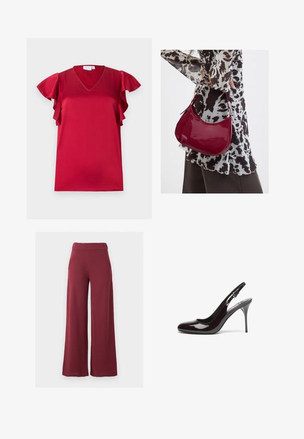 Blouse en satin rouge avec manches courtes volantées et décolleté en V, posée à plat sur un fond blanc.; Pantalon femme taille haute à jambes larges en rouge foncé avec poches latérales, présenté sur un fond gris clair uni.; Talons slingback en cuir verni bourgogne avec un bout arrondi, un talon fin et haut, et une sangle ajustable. Texture douce avec finition brillante.; Femme portant un chemisier à motif noir et blanc tenant un sac à main rouge brillant sur un fond uni.