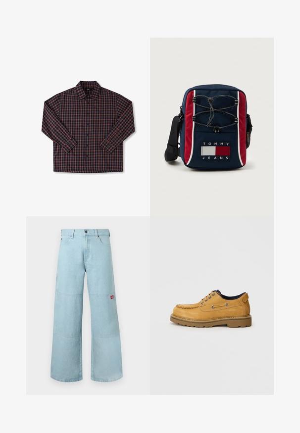 Herren Langarmshirt mit navyblauem Grund und rot-weißer karierter Musterung, Knopfleiste und klassischem Kragen. Aus Baumwollstoff.; Hellblaue Jeans mit weitem Bein aus Denimstoff und kontrastierenden Patches. Verfügt über eine vordere Knopfleiste und einen kleinen Logo-Patch an der Seitentasche.; Herren Schnürschuh aus hellbraunem Leder mit Mokassin-Zehen, gepolstertem Kragen und dicker Gummisohle, seitlich auf einem schlichten Hintergrund gezeigt.; Marineblaues und rotes Stoff-Crossbody-Bag mit Kordelzugverschluss, versehen mit einem "TOMMY JEANS"-Logopatch und weißen Akzentstreifen. Verstellbarer Tragegurt.