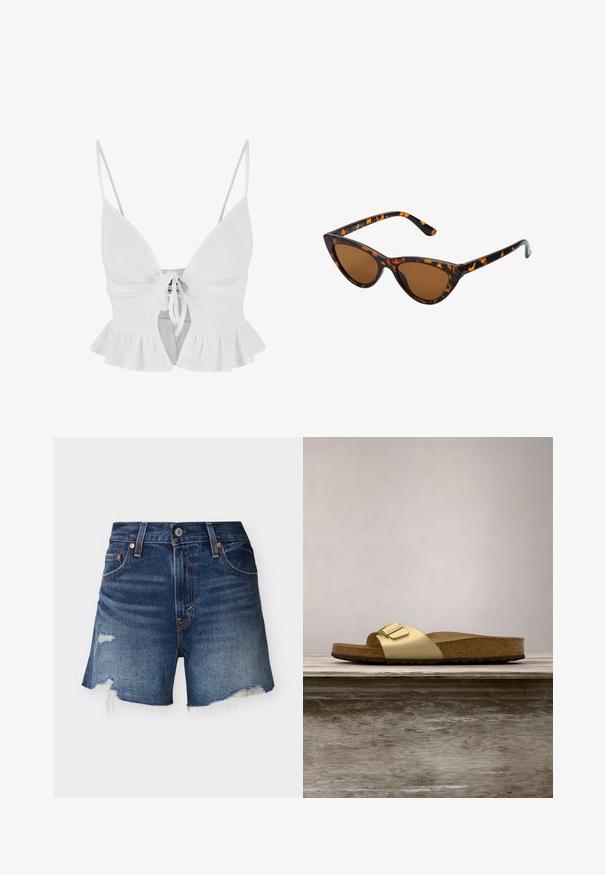 Haut court blanc à côtes avec bretelles spaghetti ajustables, fermeture à nouer à l'avant et détail de hem volanté. Texture douce et design ajusté.; Shorts en denim bleu avec bords effilochés et patchs usés sur un fond clair uni, vue de face.; Sandale glissante synthétique dorée avec une seule sangle et un accent de boucle, dotée d'un pied en liège brun et d'une semelle en caoutchouc texturé.; Lunettes de soleil style œil de chat avec une monture en écaille de tortue noire et orange, verres marron et pointes effilées et élégantes. Présente un logo minimaliste sur la branche.