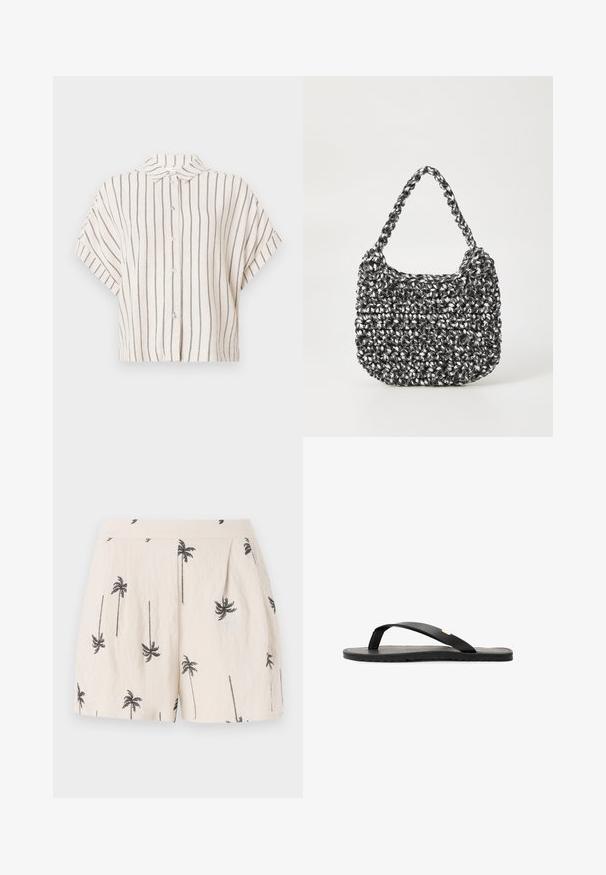 Korte ærmer, skjorte med krave i cremefarvet stof med lodrette navy striber. Knappet front, cropped design og afslappet pasform.; Lyse beige shorts med sort palme træ mønster, med folder foran og en glat, let stof tekstur.; Sort flip-flop sandal med flad sål, tekstureret sort indersål, glatte stropper og en lille gul accent nær tåposten.; Vævet håndtaske i sort og hvid med en rund form, tekstureret overflade og et fletet håndtag. Velegnet til afslappet brug.
