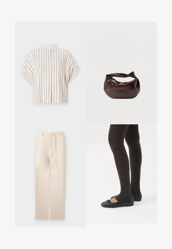 Korte ærmer, skjorte med krave i cremefarvet stof med lodrette navy striber. Knappet front, cropped design og afslappet pasform.; Beige linnedragt med lige ben-design, der har en knaplukning og stofbånd i taljen, hvilket giver et let og struktureret udseende.; Ben iført mørke ribbede leggings kombineret med sorte balletsko med små sløjfedetaljer på hvid baggrund.; Mørkebrun læder skuldertaske med en blød, afslappet form og et snoet knudehåndtag på en ensartet hvid baggrund.