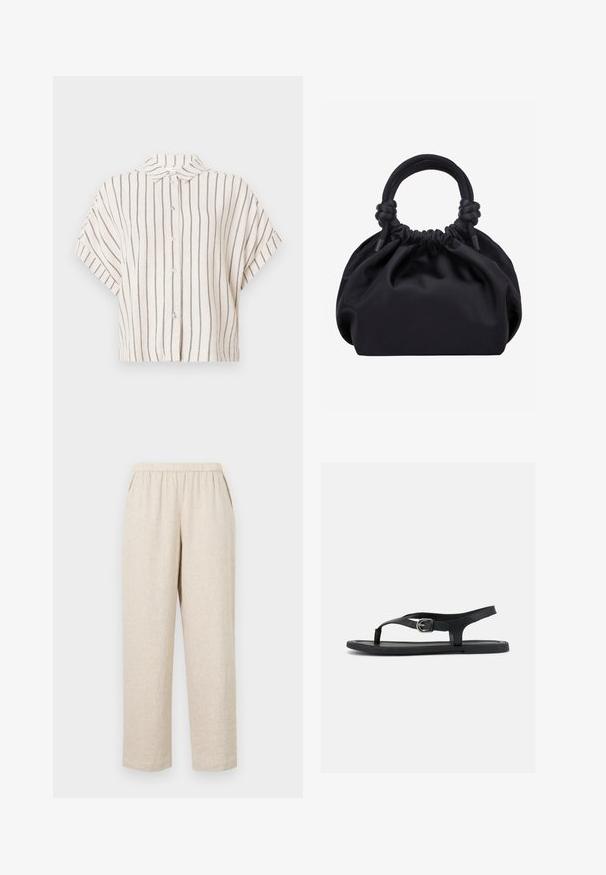 Korte ærmer, skjorte med krave i cremefarvet stof med lodrette navy striber. Knappet front, cropped design og afslappet pasform.; Beige linnedragter med elastisk talje, der har sidelommer, lige ben og en tekstureret overflade.; Sort flad sandal med ankelrem, tæsepind og sølvspænde på glat sål, vist fra siden på hvid baggrund.; Sort blød stofhåndtaske med samlet top og cirkulære polstrede håndtag bundet med knuder på hver side.