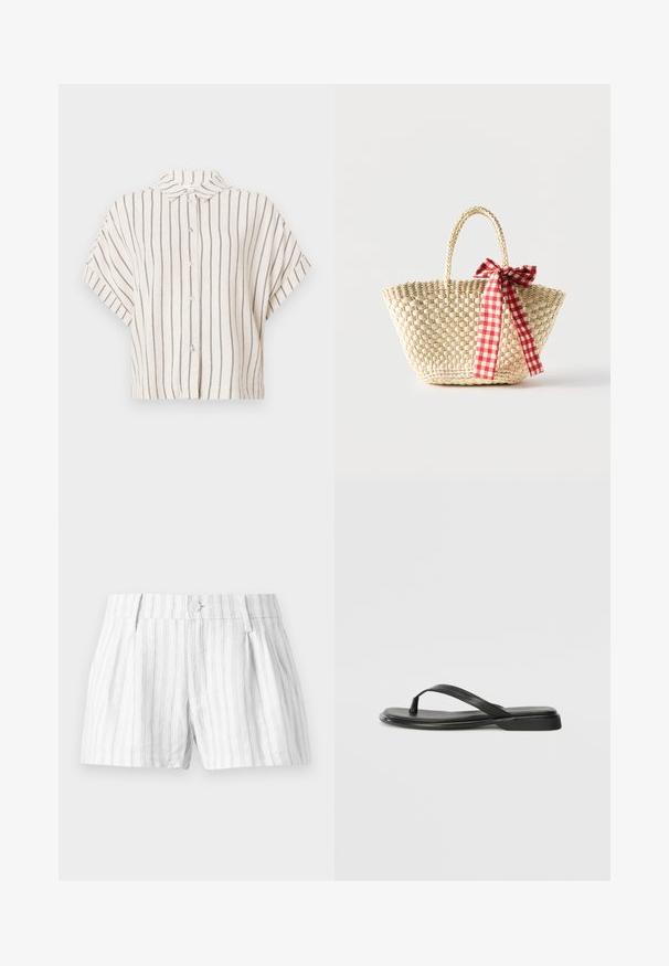 Korte ærmer, skjorte med krave i cremefarvet stof med lodrette navy striber. Knappet front, cropped design og afslappet pasform.; Hvide bomulds shorts med lysegrå lodrette striber, med knaplukning, plisseringer og sidelommer. Simpelt og afslappet design.; Sorte flip-flops lavet af glat læder, med et tyndt remdesign og en flad sål med et minimalt profil. Ingen bemærkelsesværdige mønstre eller accenter.; Flettet stråtaske med fletninger til håndtagene og et rødt og hvidternet bånd bundet som en sløjfe på den ene side.