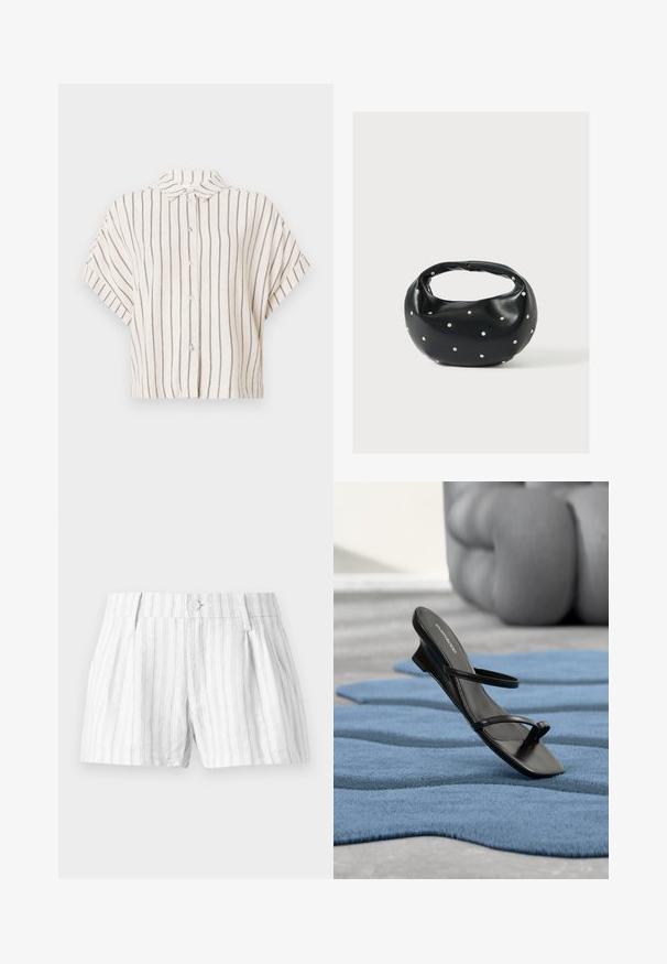 Chemise à manches courtes, col, en tissu crème avec des rayures verticales bleu marine. Devant à boutons, design court et coupe décontractée.; Shorts en coton blanc avec des rayures verticales gris clair, dotés d'une fermeture à bouton, de plis et de poches latérales. Design simple et décontracté.; Sandale noire à brides avec boucle d’orteil exposée sur un tapis texturé bleu, avec un grand objet décoratif gris flouté en arrière-plan.; Sac à main en cuir noir de forme arrondie, décoré de clous argentés et équipé d'une poignée courte. Texture lisse et fermeture éclair.