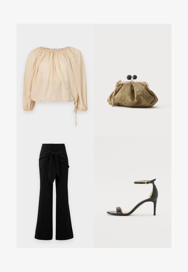 Blusa de manga abullonada en algodón ligero color beige. Presenta un escote fruncido y un cordón en el dobladillo para un ajuste regulable. Textura suave.; Pantalones de pierna ancha negros con detalle de lazo en la cintura. Fabricados con un tejido suave, que presenta una textura lisa y líneas limpias. Dobladillo ligeramente acampanado.; Sándalo de tacón alto de piel negra con tiras en el tobillo. Presenta una textura suave, puntera abierta y un tacón delgado. Detalles de hebilla en tono dorado.; Pequeño bolso de mano con patrón geométrico en dorado y negro, marco metálico dorado, cierre de bola negro y una corta correa de cadena dorada.