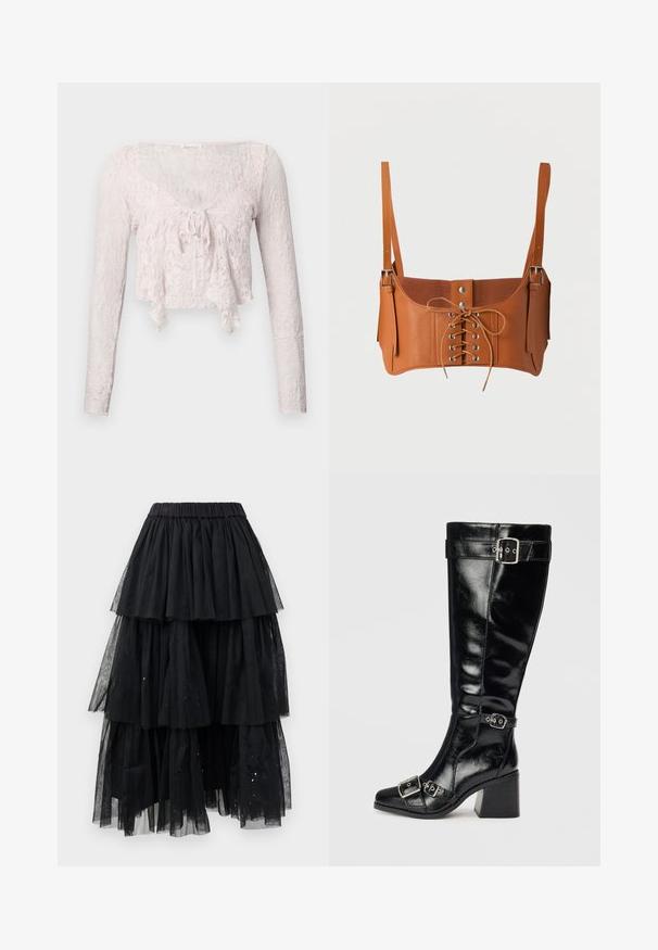 Haut court en dentelle rose clair avec manches longues, décolleté en V, et un détail à nouer à l'avant. Motif floral texturé sur l'ensemble.; Jupe en tulle noir superposée avec une taille élastique et un design en cascade avec des longueurs variées et des accents de paillettes légères.; Botte en cuir noir, arrivant au genou, avec une finition brillante. Elle dispose de boucles et de sangles en argent, d'un bout pointu et d'un talon épais et texturé.; Bustier court en cuir marron avec laçage devant, œillets argentés, boutons-pression et bretelles réglables avec boucles métalliques.