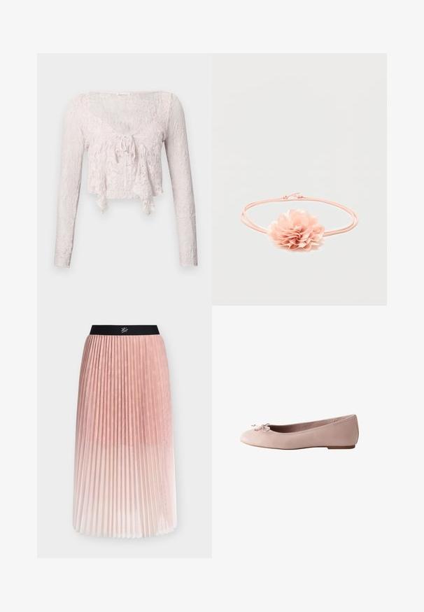Haut court en dentelle rose clair avec manches longues, décolleté en V, et un détail à nouer à l'avant. Motif floral texturé sur l'ensemble.; Jupe midi plissée rose avec ceinture élastique noire arborant un détail de logo blanc en écriture cursive.; Chaussure de ballet plate rose clair avec un petit nœud sur le bout arrondi et un talon bas, vue de côté.; Bandeau élastique rose avec une fleur en tissu doux aux pétales superposés au centre sur fond blanc.