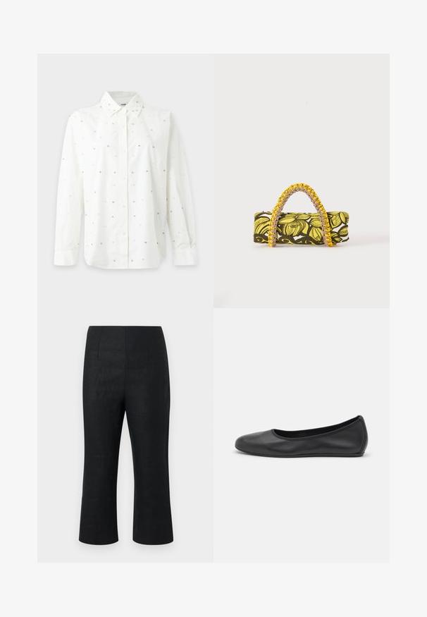 Chemise blanche à manches longues avec col, décorée de petites perles semblables à des perles réparties uniformément sur le tissu.; Pantalon noir court en tissu texturé avec une finition lisse. Il présente une taille mi-haute, deux plis avant et des jambes larges.; Ballerines en cuir noir avec un bout rond, texture lisse, détails de couture minimalistes et design de semelle flexible.; Sac rectangulaire avec motif floral jaune et noir et anse tressée jaune et rose sur fond blanc.