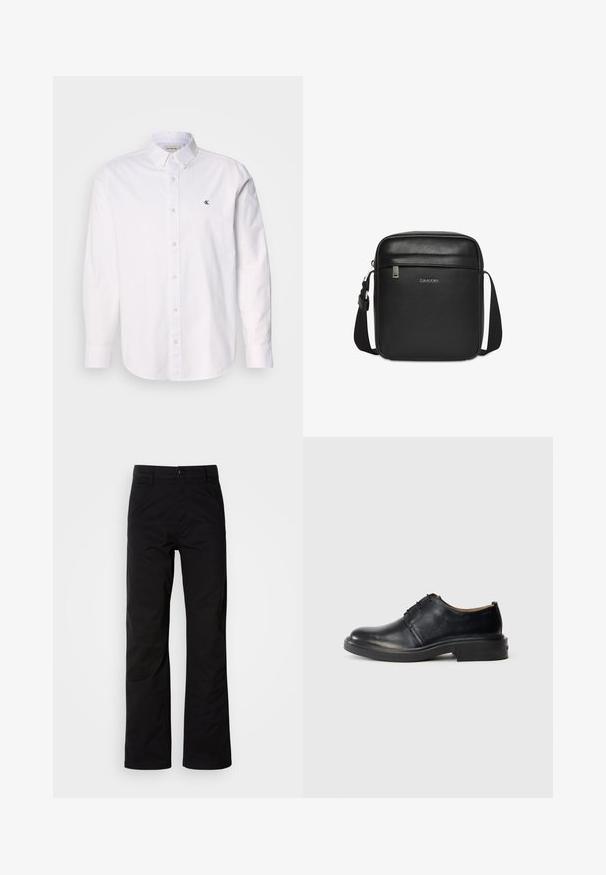Hvid skjorte med knappelukning lavet af bomuld, med klassisk krave, lange ærmer og et lille CK-logo på venstre bryst. Glat tekstur.; Sort bomuldsbukser med lige ben, der har knaplukning og bæltestropper. Glat tekstur og minimalistisk stil uden synlige mønstre.; Sorte læder oxford sko med rund tå, snørebånd foran og lav, stablet hæl på lys baggrund.; Sort Calvin Klein tekstureret læder crossbody taske med justerbar rem og lomme med lynlås foran.