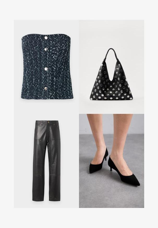 Corset sans bretelles en tissu texturé noir et gris avec quatre boutons-pression argentés alignés au centre devant.; Pantalons en cuir noir à coupe droite, avec des coutures marquées, quatre poches et des détails en métal couleur cuivrée. Texture lisse.; Talons aigus en daim noir avec un talon moyen slim et classique, et une large ouverture, présentés sur des pieds nus sur un fond gris.; Sac en cuir noir de forme triangulaire, doté de pois métalliques argentés et d'une poignée texturée. Fini lisse dans l'ensemble.