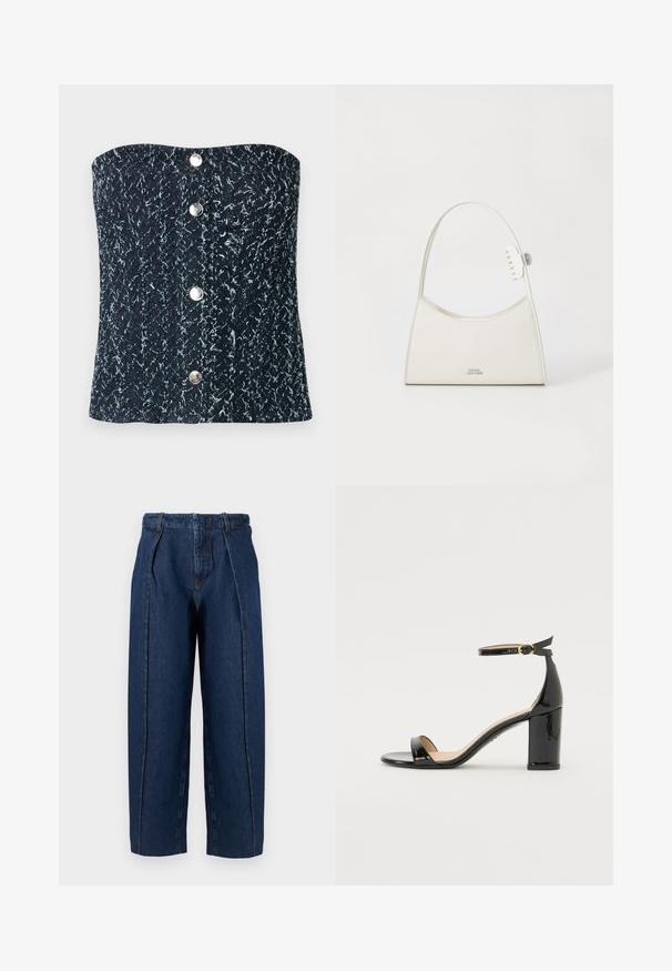 Corset sans bretelles en tissu texturé noir et gris avec quatre boutons-pression argentés alignés au centre devant.; Jean en denim bleu foncé taille haute à jambes larges, avec plis à l'avant et passants pour ceinture, présenté sur un fond blanc uni.; Sandale à talon haut en cuir verni noir avec bride à la cheville et boucle dorée, bout ouvert et talon bloc sur fond blanc.; Sac à épaule en cuir blanc avec un dessus arrondi, petite pince à griffes sur la sangle et logo "Marc Jacobs" en argent au centre avant.