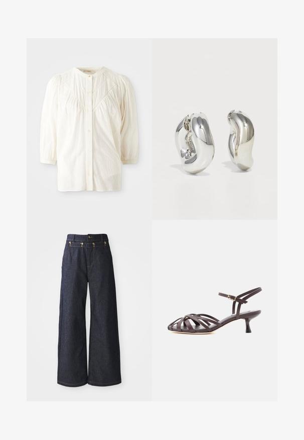 Blusa blanca de botones con cuello redondo, hombros plisados y mangas largas. Presenta sutiles rayas verticales y un corte relajado.; Jeans de pierna ancha hechos de denim oscuro, con una cintura alta, cierre de doble botón y costuras en contraste a lo largo de las costuras.; Sandalia de tacón bajo tipo gatito de cuero marrón oscuro con tiras y hebilla ajustable en el tobillo, sobre fondo blanco.; Pendientes escultóricos de plata con formas suaves y curvas y superficies reflectantes. Presentan un diseño de aro cerrado y una forma orgánica distintiva.