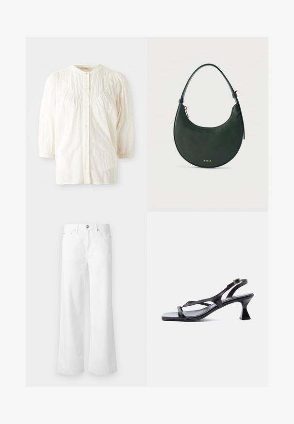 Blouse blanche à boutons avec un col rond, des épaules plissées et des manches longues. Présente de subtils rayures verticales et une coupe décontractée.; Jean blanc taille haute à jambes larges avec bouton à l'avant, fermeture éclair et style à cinq poches sur un fond clair uni.; Sandale femme en cuir noir avec fines lanières, bout carré, boucle de cheville réglable et talon mi-hauteur évasé.; Sac à main en cuir vert foncé en forme de demi-lune avec une sangle courte et une fermeture éclair dorée, orné d'un petit logo "FURLA" en or au centre avant.