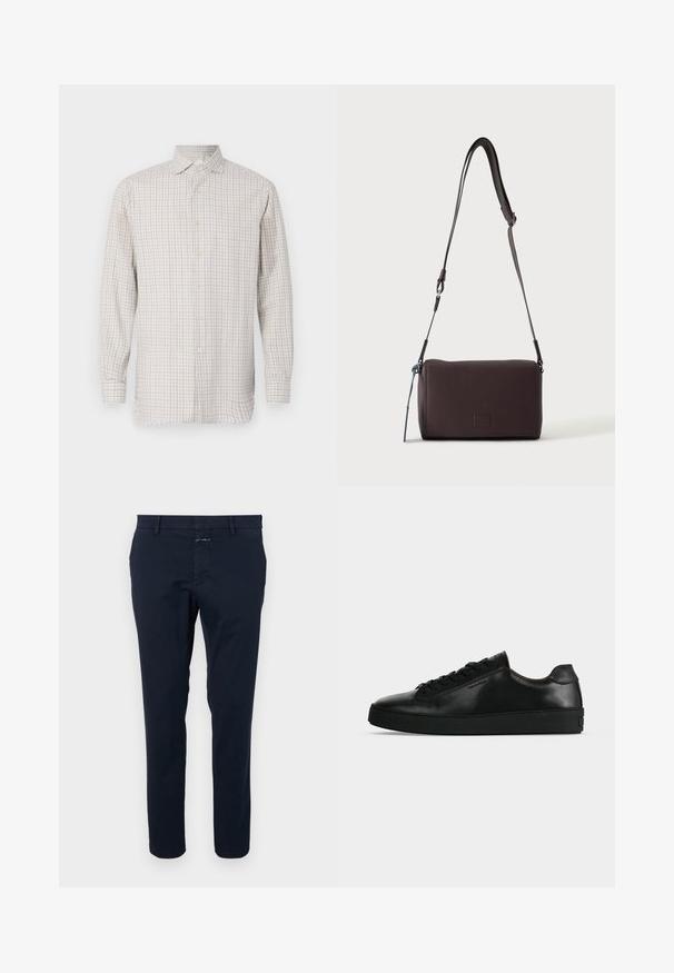 Langærmet skjorte i lys beige med mønster i tern. Har en spredt krave og knaplukninger, med knapper i guldfarve og en afslappet pasform.; Marineblå bomulds chinos med slim fit, flad front og lynlås. Har sidelommer og en baglomme med et lille mærke.; Sort lavtop lædersneaker med sorte snørebånd og en tyk sort sål, vist fra siden på en lysegrå baggrund.; Mørkebrun textured læder crossbody taske med justerbar rem og lille dekorativ blå accent på siden.