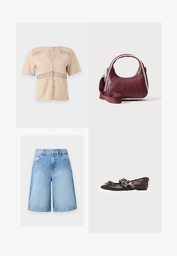 Blouse courte beige à manches courtes avec décolleté en V, inserts en dentelle sur la poitrine et la taille, et boutons recouverts de tissu sur le devant.; Shorts en denim bleu clair longueur genou avec poches avant, passants pour ceinture et fermeture par bouton métallique.; Chaussure plate en cuir marron foncé avec bout pointu, doubles brides à boucles argentées, œillets métalliques et nœud décoratif à l'avant.; Sac à main en cuir tressé marron foncé avec poignée courbée, garniture blanche, fermeture éclair argentée et bandoulière large en tissu amovible sur fond uni.