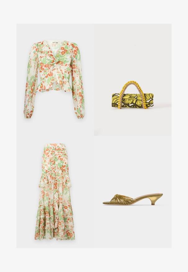 Diane von Furstenberg MARY - Chemisier - marlene batik ivory; Jupe maxi florale avec un fond crème, imprimé de fleurs orange et vertes, couches froncées et design de taille ajustée.; Mule dorée à bout ouvert avec lanières, petit talon kitten et design noué sur fond blanc uni.; Sac rectangulaire avec motif floral jaune et noir et anse tressée jaune et rose sur fond blanc.