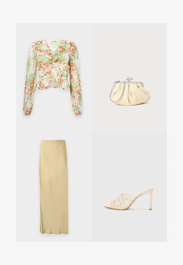 Diane von Furstenberg MARY - Chemisier - marlene batik ivory; Jupe droite beige, taille haute, longueur cheville, avec une texture lisse et sans motifs ni ornements visibles.; Mules à talons hauts beiges avec un design à lanières. Présentent un bout carré, une texture lisse et un talon élancé avec un accent doré à la base.; Pochette en cuir beige plissé avec un cadre en métal argenté, dotée de deux fermoirs ronds décoratifs et d'une chaîne en argent.