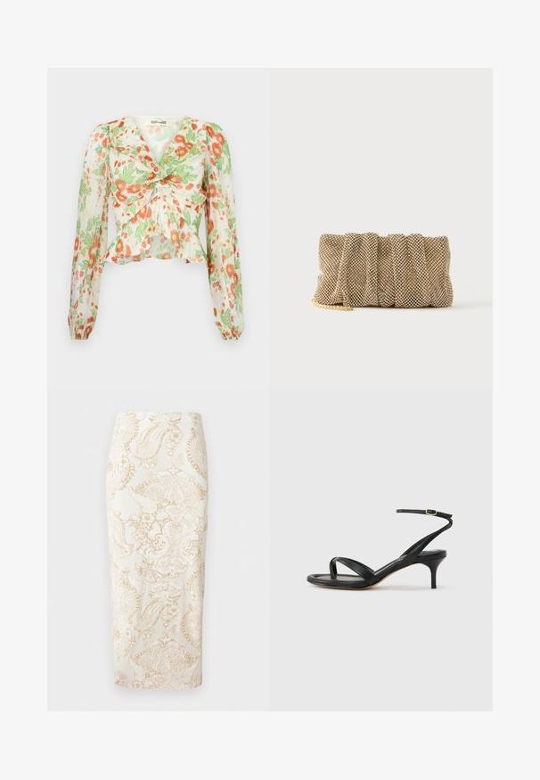 Diane von Furstenberg MARY - Skjortebluser - marlene batik ivory; Hvid pencilnederdel med beige, indviklet blomstret og paisley-broderi, lige pasform, knælængde.; Sort damesandal i læder med tynde remme, en tå-loop, ankelspænde og en mellemhøj stiletthæl på en neutral baggrund.; Lille gylden mesh clutch taske med et rynket design og en delvist synlig guldkæde på en ensfarvet hvid baggrund.