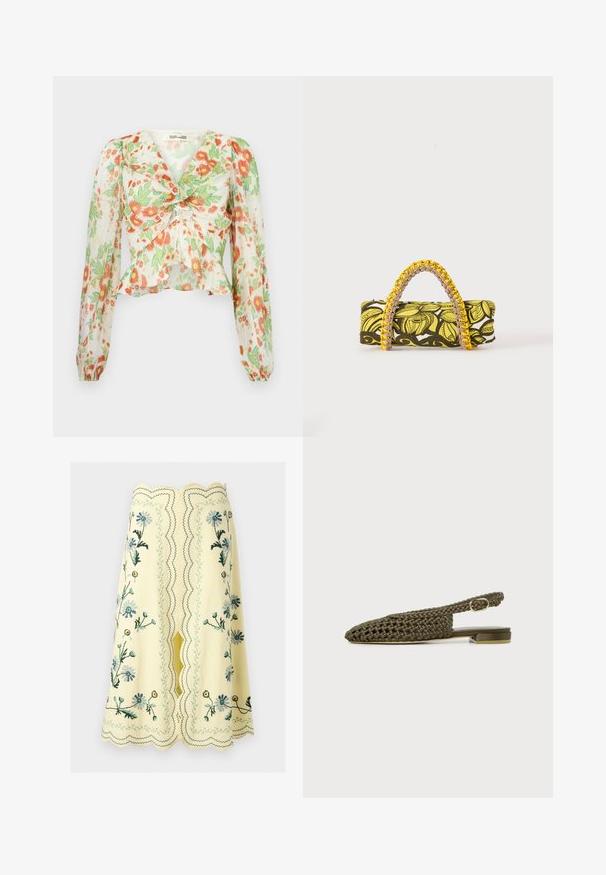 Diane von Furstenberg MARY - Skjortebluser - marlene batik ivory; Gul knælængde nederdel med bølgede kanter og blomsterbroderi i blå, grøn og gul, med en central slids og dekorative syninger.; Flad olivengrøn vævet slingback-sko med lille firkantet hæl og justerbar guldspænde.; Rektangulær taske med gult og sort blomsterprint og flettet gul og pink hank på hvid baggrund.