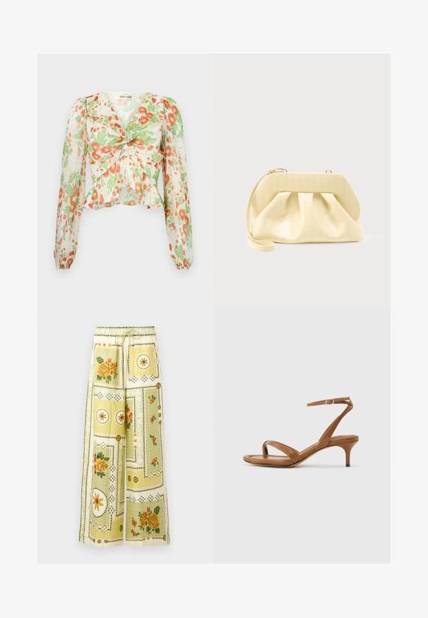 Diane von Furstenberg MARY - Chemisier - marlene batik ivory; Pantalon à jambes larges avec motifs patchwork floraux et géométriques jaune clair, ceinturé d'une bande élastique et d'un cordon de serrage.; Sandale en cuir marron avec lanières, talon bas en forme de petit escarpin et bride à la cheville avec une petite boucle, vue de côté sur un fond uni.; Pochette en cuir couleur crème avec un cadre supérieur structuré et une lanière pour poignet, présentée sur un fond clair uni.