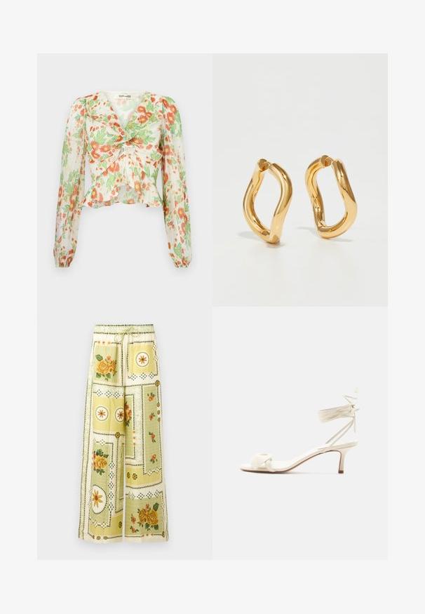 Diane von Furstenberg MARY - Chemisier - marlene batik ivory; Pantalon à jambes larges avec motifs patchwork floraux et géométriques jaune clair, ceinturé d'une bande élastique et d'un cordon de serrage.; Sandale à talon bas de couleur crème avec des liens à nouer autour de la cheville et une large bride torsadée sur les orteils, sur un fond blanc uni.; Boucles d'oreilles en forme de cerceau de couleur dorée avec une forme courbée et irrégulière et une texture lisse et polie. Aucun matériel ou accent visible.