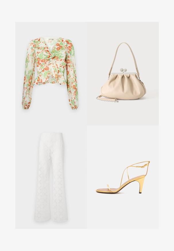 Diane von Furstenberg MARY - Chemisier - marlene batik ivory; Pantalons évasés blancs en tissu texturé présentant un motif en diamant. La taille est lisse, sans matériel ou accents visibles.; Sandale à talons hauts dorée avec fines lanières et une fine boucle à la cheville sur un fond gris clair.; Sac à main en cuir souple beige avec un fermoir en métal argenté, une bandoulière simple et une bandoulière chaîne optionnelle sur fond blanc.