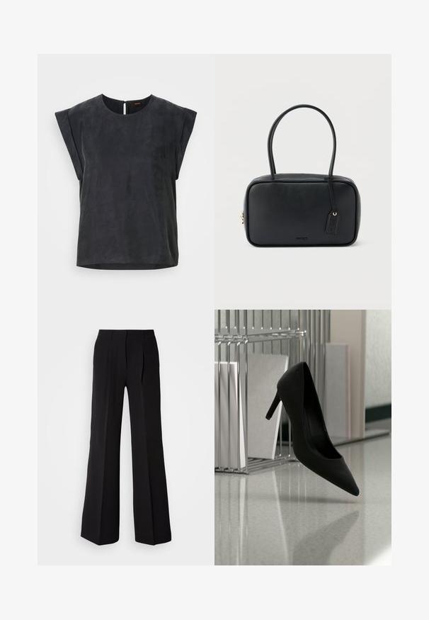 Top negro de manga corta con escote redondo y diseño minimalista. Textura suave con un brillo sutil, que cuenta con un cierre de ojal en la parte posterior.; Pantalones negros de tejido suave, con cintura alta, silueta de pierna ancha y dos pliegues frontales para añadir detalle de diseño.; Zapato negro de tacón alto equilibrado sobre el tacón en una encimera reflectante junto a portadocumentos metálicos con carpetas blancas.; Bolso rectangular negro con asas dobles redondeadas, cremallera dorada y logo "HUGO" en relieve en el frente con etiqueta de cuero adjunta.