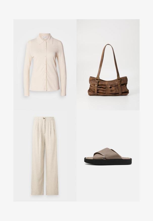 Camisa de manga larga color beige claro, hecha de lino, con cuello y una parte delantera abotonada, que presenta una textura suave y un diseño simple.; Pantalones de lino color beige de tiro alto y pierna ancha, con cierre de botones y pliegues frontales, diseñados para un ajuste holgado.; Sandalias de cuero marrón con diseño de tiras entrecruzadas y parte superior texturizada. La suela de goma negra proporciona contraste y durabilidad.; Even&Odd Bolso de mano - brown