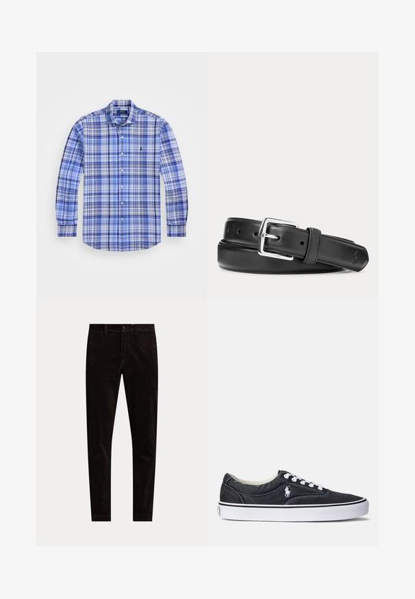Vaaleansininen pitkähihaista ruudullista paitaa, jossa on napitettava kaulus, rintalogo ja vaihtelevia sävyjä sinisestä ja valkoisesta ruutukuosissa.; Mustat slim fit -malliset corduroy-housut, joissa nappi- ja vetoketjukiinnitys, vyölenkit ja yksivärinen etupuoli valkoisella taustalla.; Mustat farkkikengät valkoisilla nauhoilla ja kumipohjilla. Ominaisuuksiin kuuluu pieni valkoinen logo sivulla ja kontrastivärinen ompelu. Litteä muotoilu.; Musta nahkavyö hopeanvärisellä suorakaiteen muotoisella soljella, kierrettynä valkoisella taustalla, jossa hienovarainen kohokuvioitu logo kärjessä.