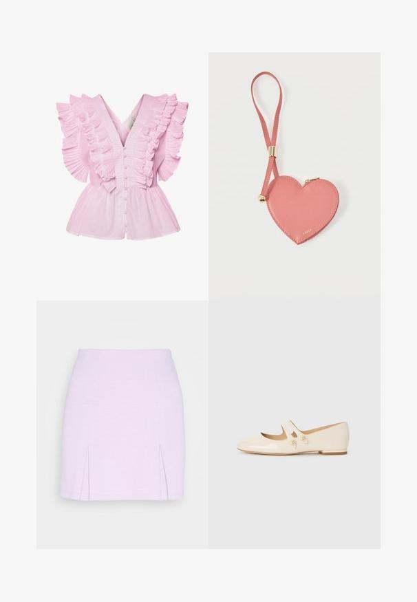 Blouse rose clair avec des manches volantes et un décolleté en V. Elle possède une fermeture à boutons à l'avant et un buste ajusté qui s'évase en style peplum.; Even&Odd by Zalando Minijupe - lilac; Ballerines en cuir verni ivoire avec deux sangles décoratives et boutons dorés, présentant un bout rond et un petit talon carré.; Pochette à pièces en cuir rose en forme de cœur avec sangle de poignet et fermeture éclair dorée, marquée d’un petit texte doré "Furla".