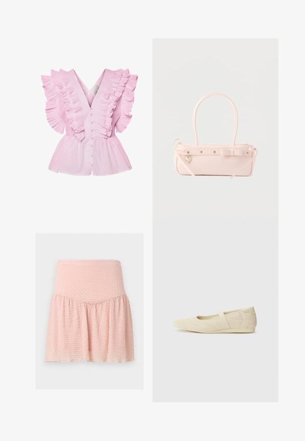Lyserød bluse med flæsekantede ærmer og V-udskæring. Den har knaplukning foran og en tætsiddende bodice, der udvides til en peplum-stil.; Lyserød textureret mininederdel med bred talje og rynket stofdetalje på ensfarvet baggrund.; Lysebrune ballet flats med en glat læderoverflade, mandelformet tå og elastisk rem over vristen, med diskrete syninger.; Lyserød rektangulær håndtaske med dobbelte håndtag, dekorativ sløjfe, metalnitter og lille hjerteformet vedhæng på en ensfarvet baggrund.
