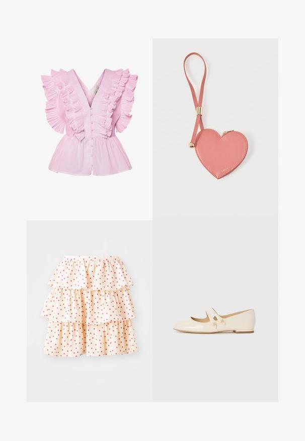 Blouse rose clair avec des manches volantes et un décolleté en V. Elle possède une fermeture à boutons à l'avant et un buste ajusté qui s'évase en style peplum.; Jupe à volants en tissu crème clair avec des pois rouges. Elle présente trois couches de volants au bas et une taille élastique.; Ballerines en cuir verni ivoire avec deux sangles décoratives et boutons dorés, présentant un bout rond et un petit talon carré.; Pochette à pièces en cuir rose en forme de cœur avec sangle de poignet et fermeture éclair dorée, marquée d’un petit texte doré "Furla".