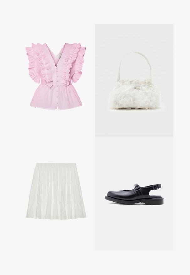 Lyserød bluse med flæsekantede ærmer og V-udskæring. Den har knaplukning foran og en tætsiddende bodice, der udvides til en peplum-stil.; Hvid, lagdelt nederdel med en tekstureret overflade. Har en elastisk talje og lagdelte flæser, der skaber en svajende silhuet.; Sort læder Mary Jane-stil sko med to justerbare spænde-remme og en tyk, rillet gummisål.; Lille hvid håndtaske med stofroser, der dækker kroppen, og et tyndt enkelt skulderremshåndtag på en ensfarvet baggrund.