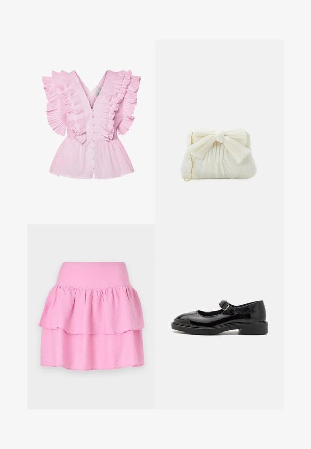 Blouse rose clair avec des manches volantes et un décolleté en V. Elle possède une fermeture à boutons à l'avant et un buste ajusté qui s'évase en style peplum.; Jupe rose à volants avec une large ceinture élastique et deux volants horizontaux. Fabriquée en tissu doux et léger. Texture lisse sans motifs.; Chaussure Mary Jane en cuir verni noir avec bout rond, bride à boucle ajustable, faible talon bloc et finition lisse et brillante.; Sac à main plissé blanc avec un nœud proéminent et une chaîne dorée. Texture douce avec un design froncé à l'avant.