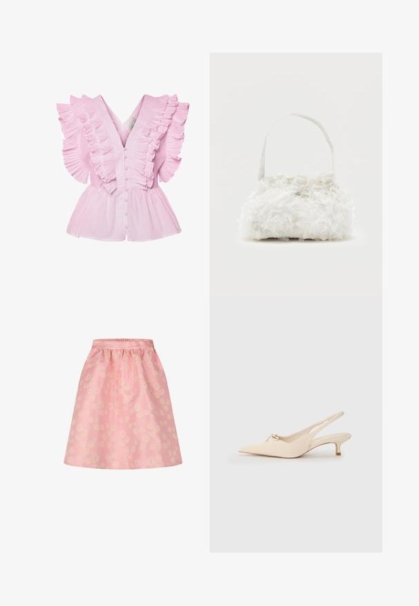 Lyserød bluse med flæsekantede ærmer og V-udskæring. Den har knaplukning foran og en tætsiddende bodice, der udvides til en peplum-stil.; Pink knælang nederdel med hvidt og gult marguritblomsterprint og rynket talje.; Spidsnæbbede slingback sko i off-white læder, med en lille sløjfedetalje og en lav kitten heel. Glat tekstur, minimalistisk design.; Lille hvid håndtaske med stofroser, der dækker kroppen, og et tyndt enkelt skulderremshåndtag på en ensfarvet baggrund.