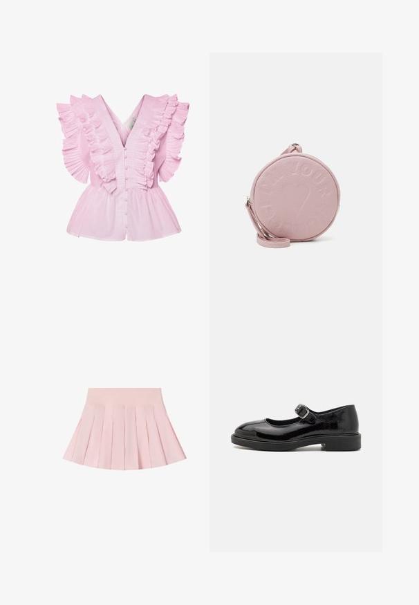 Blouse rose clair avec des manches volantes et un décolleté en V. Elle possède une fermeture à boutons à l'avant et un buste ajusté qui s'évase en style peplum.; Jupe plissée rose clair avec une large ceinture, évasée vers le bas, présentée sur un fond blanc.; Chaussure Mary Jane en cuir verni noir avec bout rond, bride à boucle ajustable, faible talon bloc et finition lisse et brillante.; Sac en cuir rose rond avec texte embossé et motif de cœur, doté d'une bandoulière amovible et d'une texture lisse.