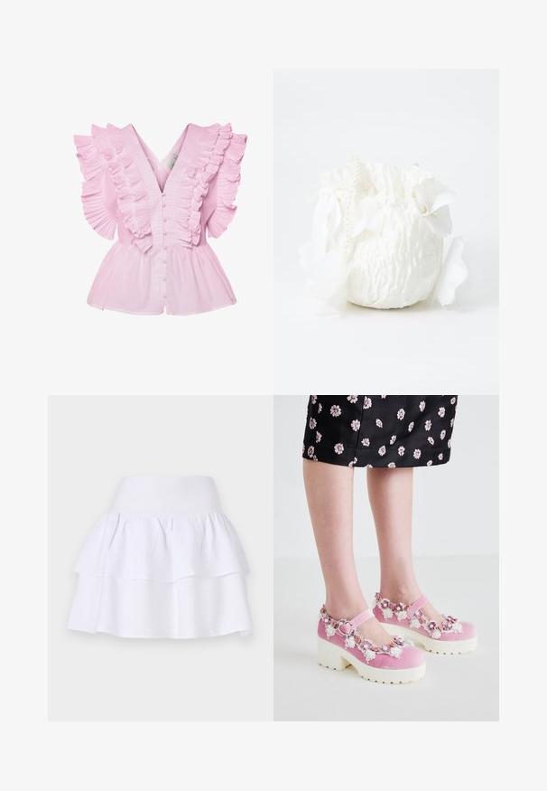 Blouse rose clair avec des manches volantes et un décolleté en V. Elle possède une fermeture à boutons à l'avant et un buste ajusté qui s'évase en style peplum.; Jupe blanche à volants en tissu léger, avec un design ample, dotée d'une taille élastique et de deux couches froncées.; Des chaussures Mary Jane en velours rose avec des semelles plates blanches, ornées d'appliqués floraux et de détails en dentelle autour de l'ouverture et de la bride à la cheville.; Sac en tissu blanc avec une finition texturée, doté d'un cordon de serrage en haut, de pétales blancs décoratifs et d'une sangle accentuée de perles.