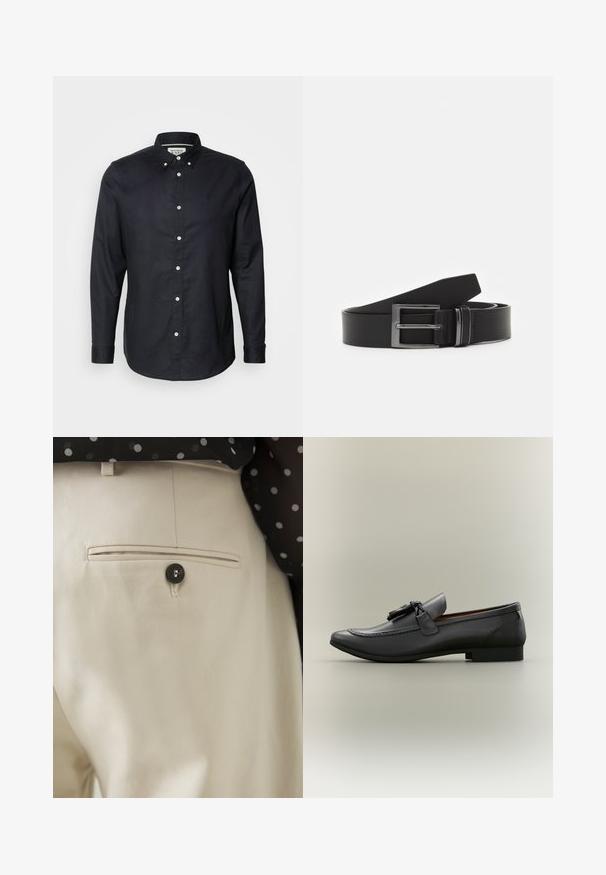Scotch & Soda CORE OXFORD SOLID - Chemise - black; Pantalon beige en tissu texturé avec une poche arrière fermée par un bouton noir. Finitions de couture discrètes le long de la poche.; Mocassin en cuir noir avec un bout arrondi, un gland décoratif et des détails cousus. Talon plat avec un profil élégant et une texture lisse.; Ceinture en cuir noir avec une boucle en métal argenté rectangulaire, au design plat et à la texture lisse. Les extrémités s'effilent pour un enfilage facile.