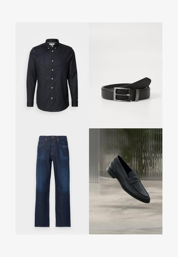 Scotch & Soda CORE OXFORD SOLID - Chemise - black; Jean droit en denim bleu foncé avec poches avant, passants de ceinture et fermeture par bouton sur un fond uni.; Mocassin en cuir noir à finition lisse, bout pointu et détails cousus sur le dessus. Talon bas et design minimaliste.; Ceinture en cuir noir avec une boucle en métal argenté, présentant une finition lisse et un design classique. La ceinture est soigneusement pliée.