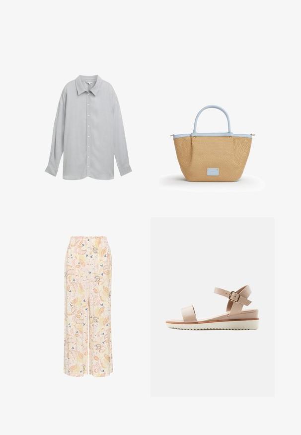 Camisa de botón de manga larga gris con cuello, hecha de una tela ligera y con una textura sutil y botones blancos.; Pantalones ligeros de pierna ancha con un patrón floral que presenta acentos en naranja, amarillo y azul sobre un fondo claro. Cintura elástica.; Sandalia beige de punta abierta con correa en el tobillo, hebilla dorada, plantilla acolchada y suela blanca dentada.; Bolsa tote beige tejida con asas de cuero azul claro, ribete y un parche rectangular en la parte delantera, mostrada sobre un fondo blanco.