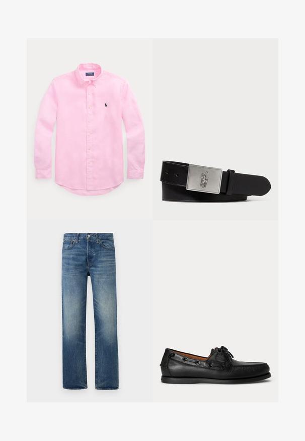 Camisa rosa de manga larga con botones, cuello con botones y pequeño logo bordado en azul marino en el pecho izquierdo.; Vaqueros azul desgastado de pierna recta con cierre frontal de botón y cremallera, trabillas para cinturón y bolsillos delanteros sobre fondo liso.; Mocasín negro de cuero con detalle de cordones y suela baja de goma, visto de lado sobre un fondo claro y liso.; Cinturón de cuero negro con una hebilla rectangular de metal plateado que presenta un logo de jinete en relieve, textura suave y cinco agujeros.