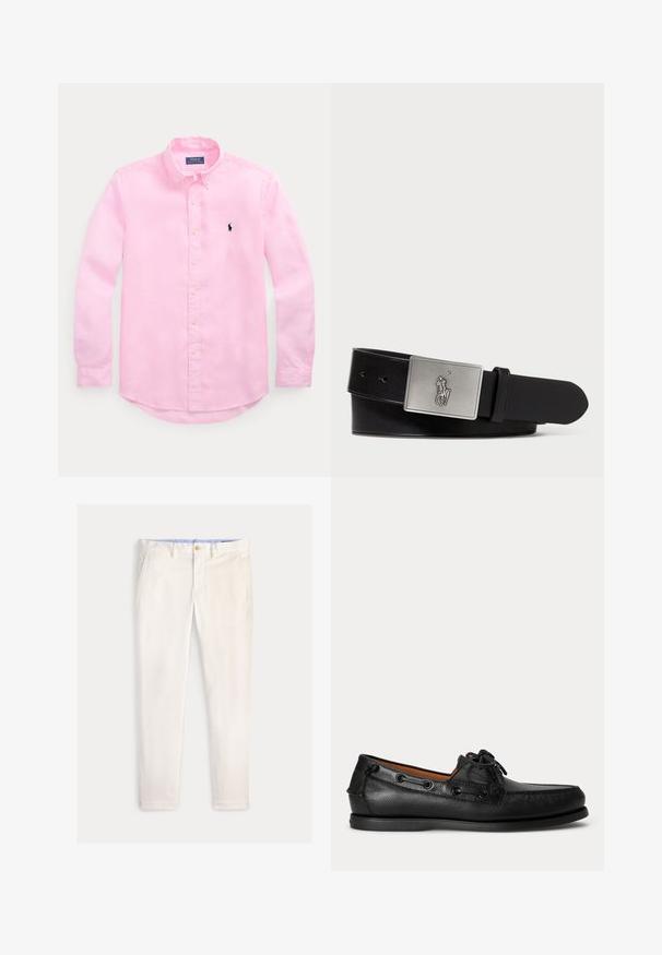 Lichtroze overhemd met lange mouwen en knopen, een met knopen gesloten kraag en een klein marineblauw geborduurd logo op de linkerborst.; Slim-fit herensbroek in off-white met voorzakken, riemlussen en een knoopsluiting op een effen achtergrond.; Zwarte leren mocassin met veterdetail en lage rubberen zool, zijaanzicht op een eenvoudige lichte achtergrond.; Zwarte leren riem met een rechthoekige zilverkleurige metalen gesp met een reliëf van een ruiterlogo, een gladde textuur en vijf riemgaten.