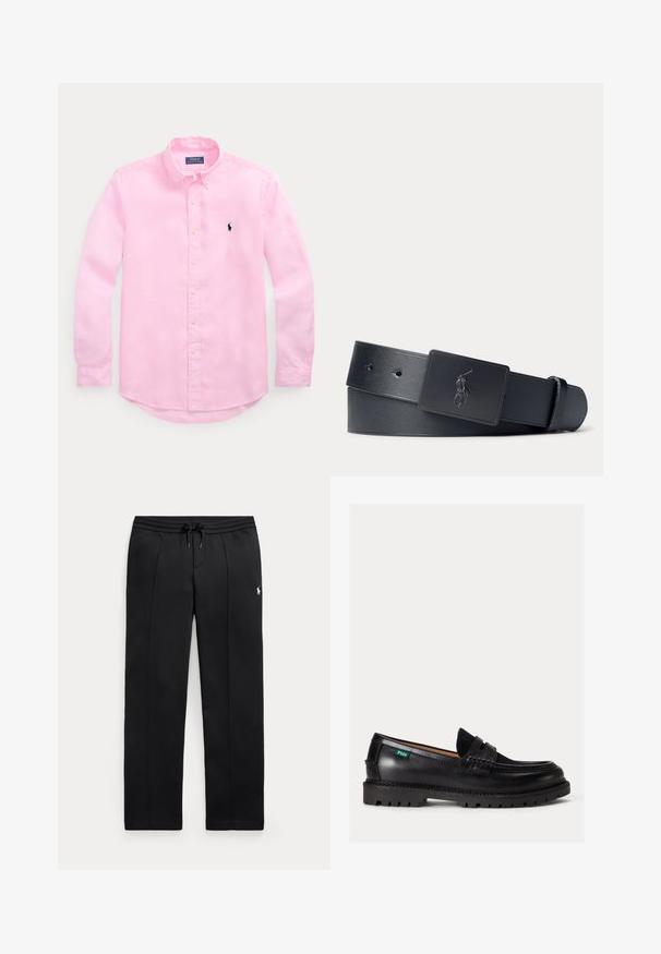 Lichtroze overhemd met lange mouwen en knopen, een met knopen gesloten kraag en een klein marineblauw geborduurd logo op de linkerborst.; Zwarte sweatpants met rechte pijpen, trekkoord in de taille en klein wit logo op de linkerdij, plat weergegeven op een lichte achtergrond.; Zwarte leren loafer met dikke zool, afgeronde neus en een groene Polo logolabel aan de zijkant.; Zwarte leren riem met een zwarte rechthoekige gesp met een geperst polo-speler logo.