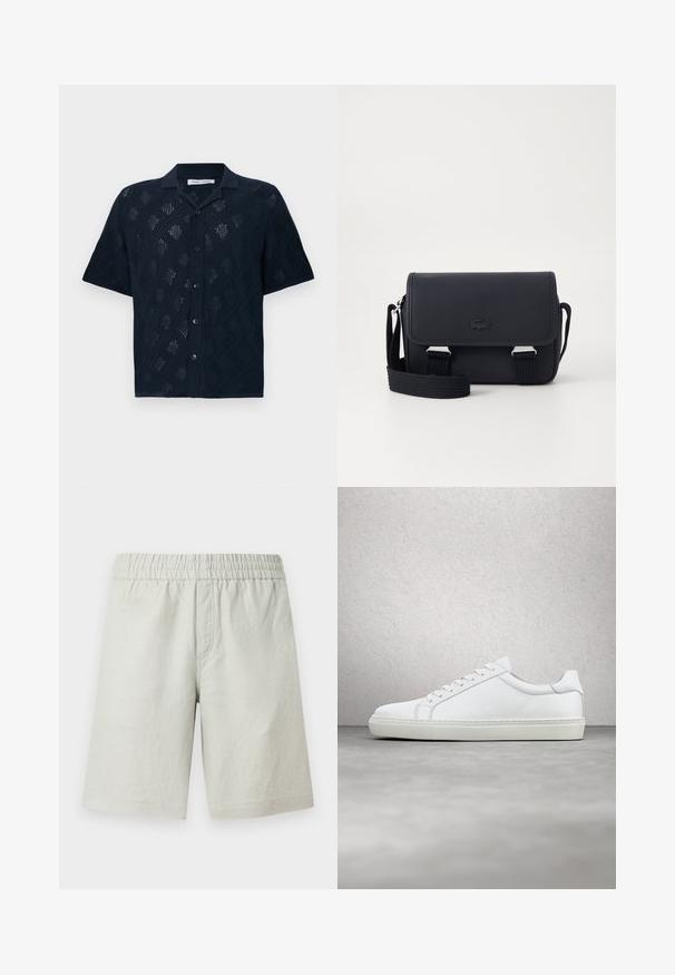 Sort kortærmet skjorte med knapper og åbent diamantmønster samt klassisk krave, vist på hvid baggrund.; Lysegrå shorts lavet af tekstureret stof, med elastik i taljen og sidelommer; lige snit.; Hvide sneakers med en glat læderoverdel og lav profil. Har en rund tå, seks snørehuller og en tekstureret gummisål.; Lacoste CROSSOVER BAG CLASSIC - Skuldertasker - noir
