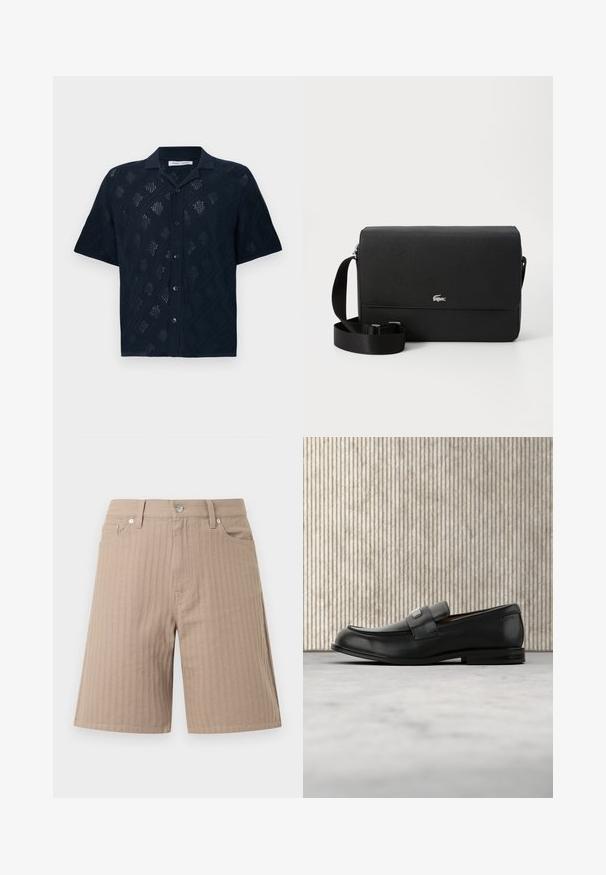 Sort kortærmet skjorte med knapper og åbent diamantmønster samt klassisk krave, vist på hvid baggrund.; Beige shorts lavet af tekstureret stof med lodrette striber, en linning med knap foran og sidelommer.; Sort læderloafer med metalbrandskilt hvilende nær et brunt rundt bord på beige tæppe.; Sort læder crossbody taske med en glat overflade, en frontklap, sølv logo accent og en justerbar stofrem.