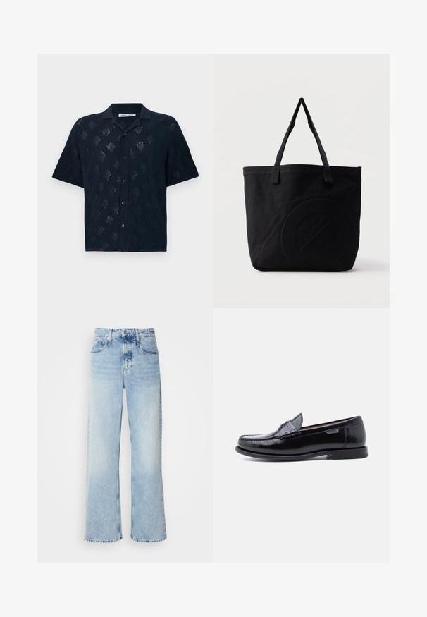 Chemise noire à manches courtes avec boutons, motif losange en maille ajourée et col classique, présentée sur fond blanc.; Jean large bleu clair à taille haute, avec une finition délavée, des passants de ceinture et un design classique à cinq poches. L'ourlet est brut.; Mocassins en cuir noir avec une finition brillante, présentant un motif cousu sur l'avant-pied et une semelle en caoutchouc noire texturée et basse.; Sac fourre-tout en toile noire avec deux bandoulières et un motif circulaire discret en relief sur le devant.