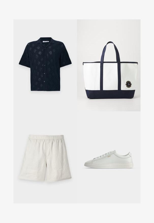 Chemise noire à manches courtes avec boutons, motif losange en maille ajourée et col classique, présentée sur fond blanc.; Shorts en lin beige clair avec une taille élastique, présentant une coupe décontractée et des coutures minimales pour un design simple et décontracté.; Baskets basses blanches en cuir avec lacets, semelle plate et petit logo doré "BOSS" sur le côté, vues de l'extérieur.; Sac fourre-tout en toile blanche avec des accents bleu marine. Dispose de deux poignées robustes et d'un écusson logo à l'avant. Forme rectangulaire.