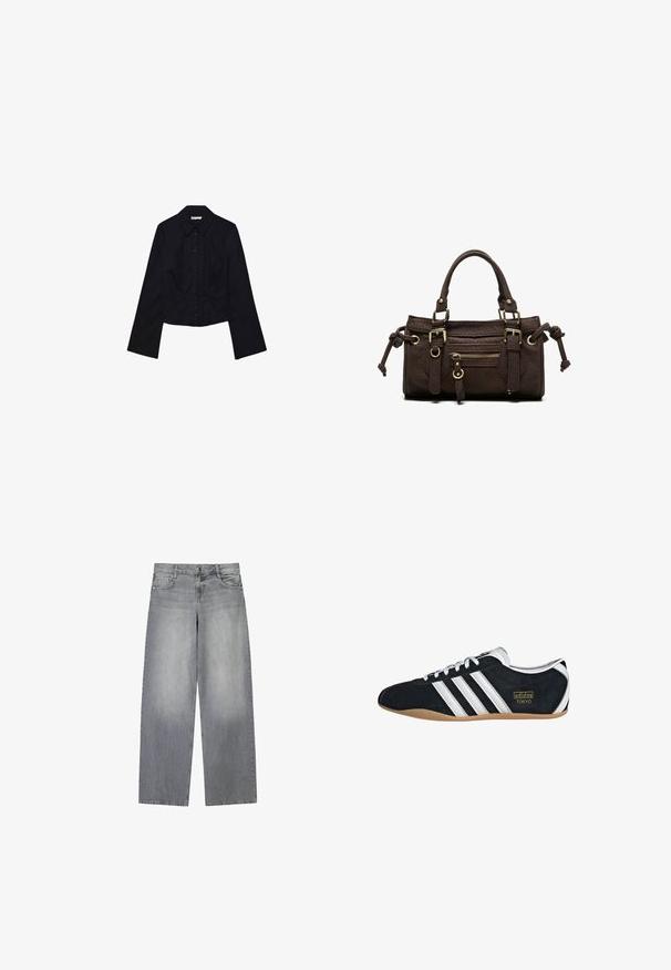Chemisier noir court avec de longues manches, col à revers et fermeture à boutons. Fabriqué en tissu doux, il présente une coupe ajustée et un design minimaliste.; Jean en denim gris à jambes larges avec une finition légèrement décolorée, doté de cinq poches, d'une fermeture à bouton à l'avant et de passants de ceinture.; Sneakers en suede noir avec trois bandes blanches, logo doré et semelle en caoutchouc marron. Présente un design à lacets à profil bas.; Sac à main en cuir marron foncé avec double poignée, poche avant zippée, boucles décoratives et nœuds latéraux sur fond blanc.